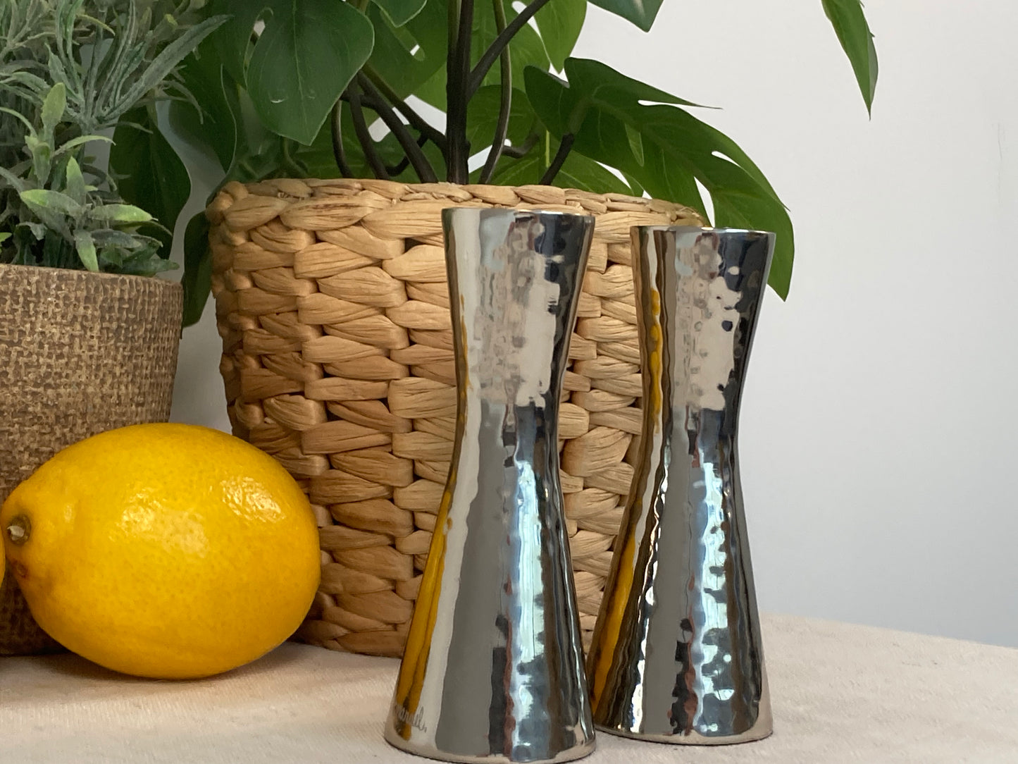 Set Filigree Kiddush Cup & modern design nickel candlesticks