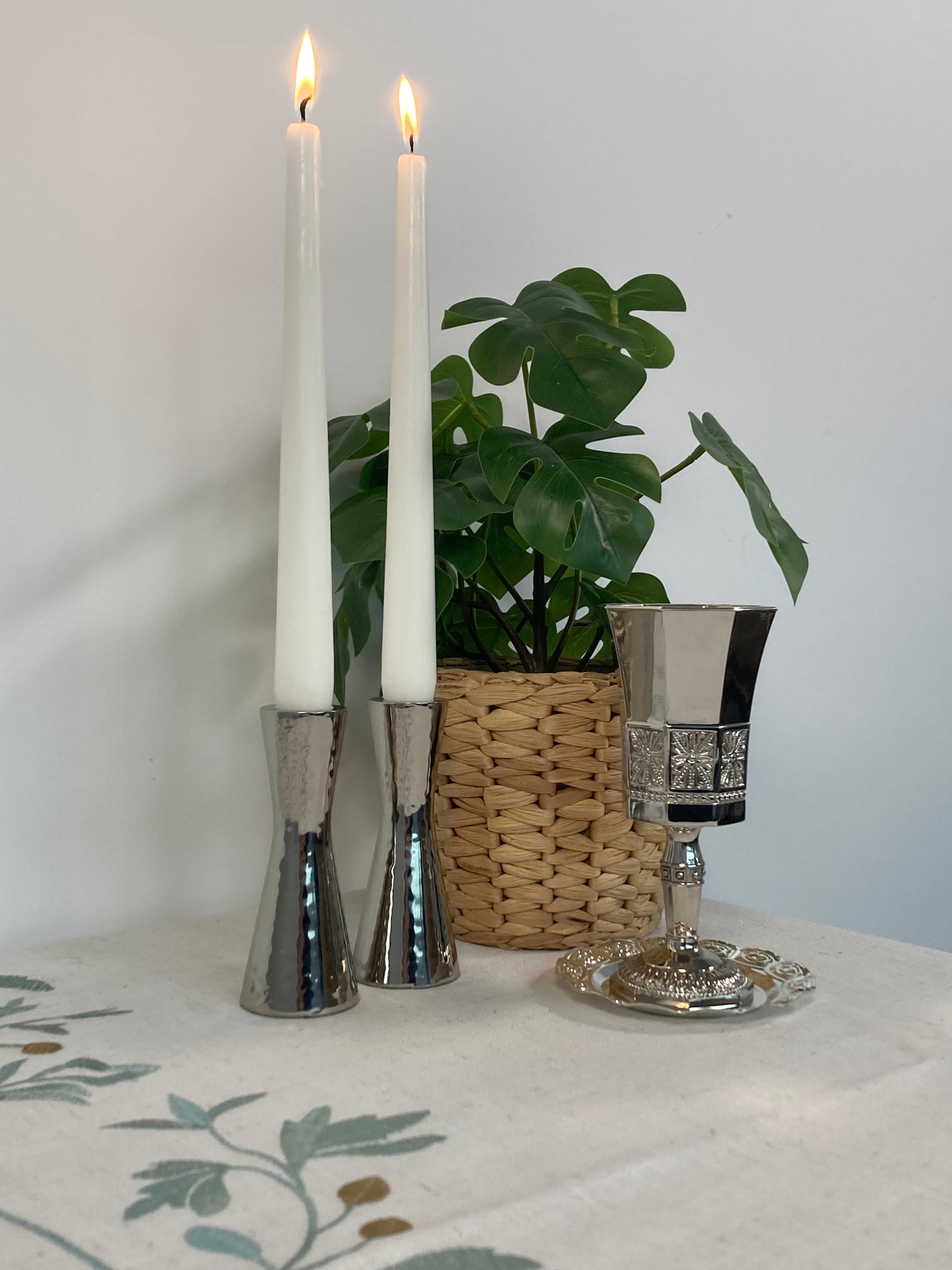 Set Filigree Kiddush Cup & modern design nickel candlesticks