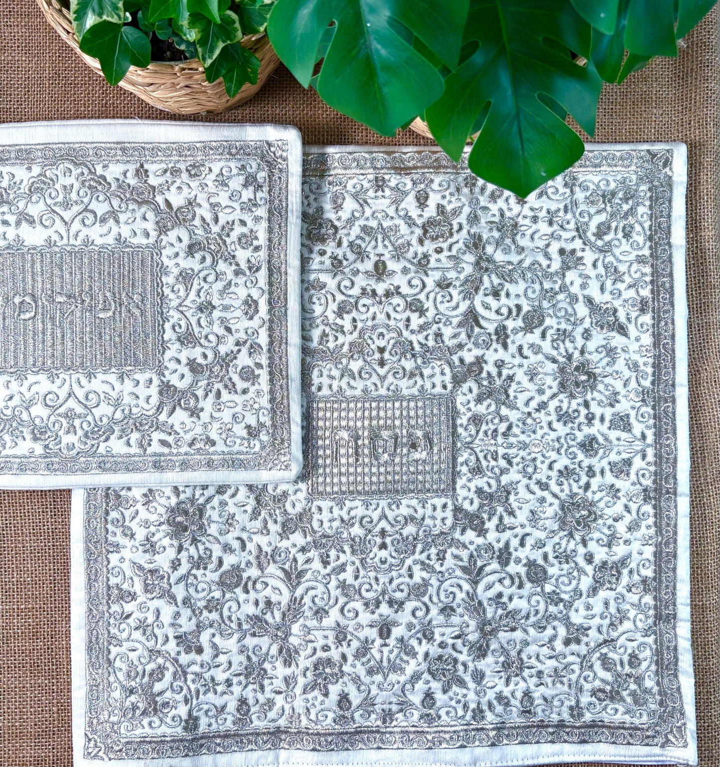 Matzah Cover and Afikomen Bag. Full Silver Flowers Embroidered In Silver.