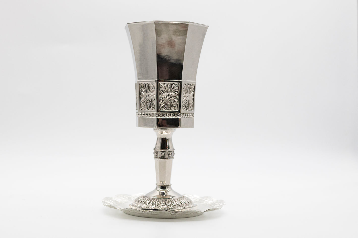 Set Filigree Kiddush Cup & modern design nickel candlesticks