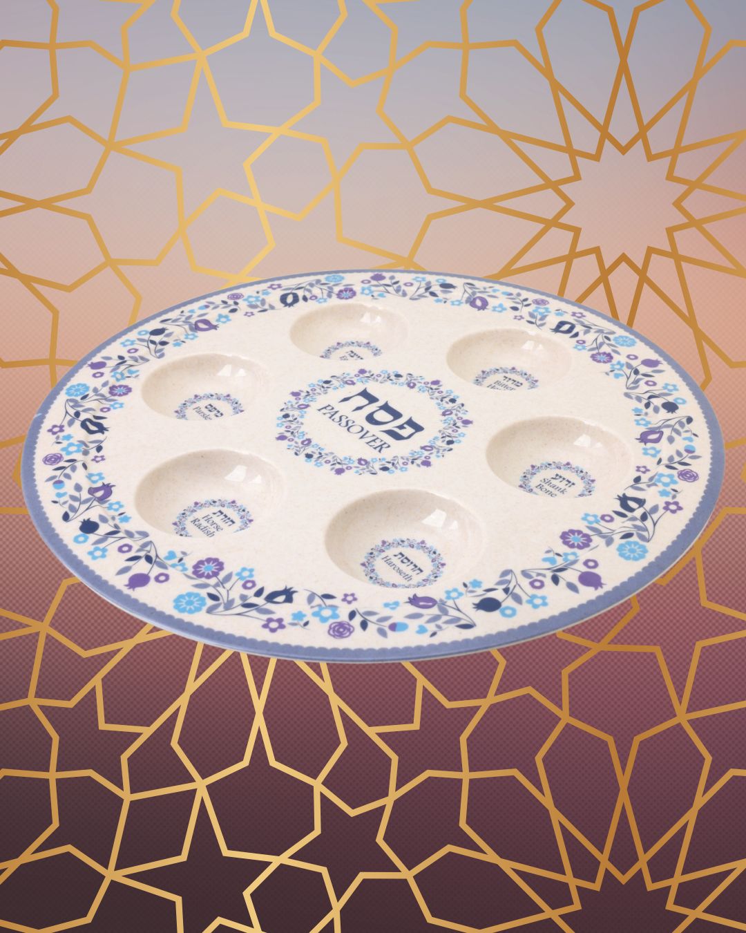 Classic Passover Seder Plate. Melamin. Mediterranean Blue Design