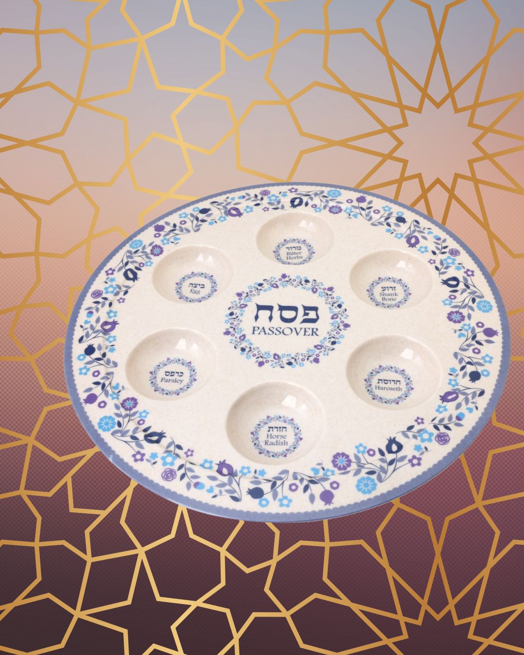 Classic Passover Seder Plate. Melamin. Mediterranean Blue Design
