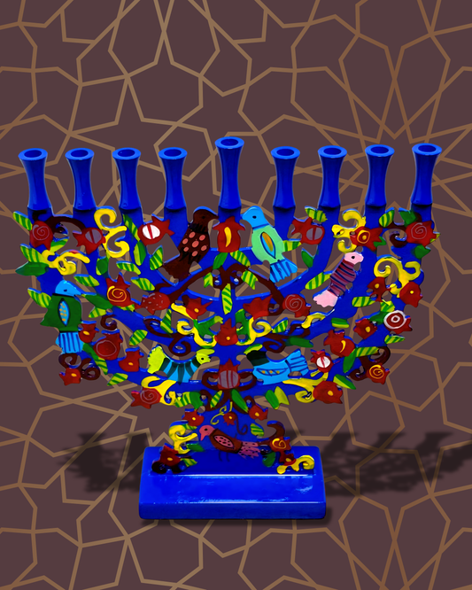 Laser Cut Hanukkah Menorah – Blue Artistic Metal Design