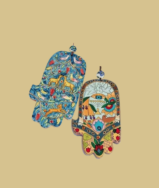 Small Wood Painted Hamsa 2 Designs Nature/ Collage