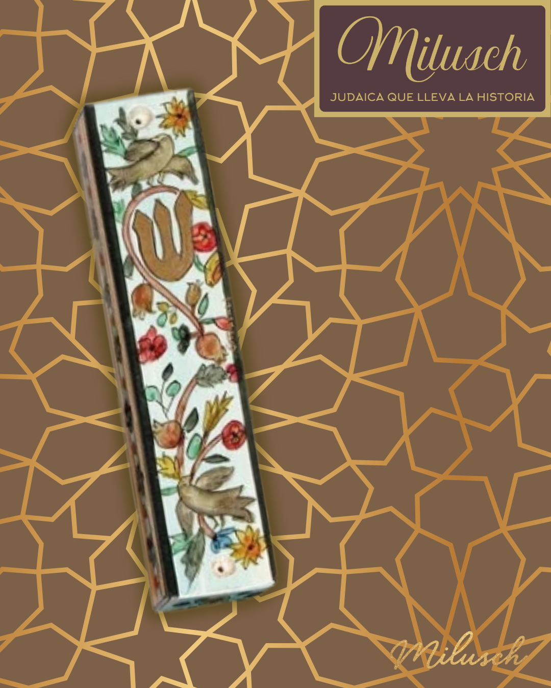 Large Wooden Mezuzah Hand Painted - BIRDS