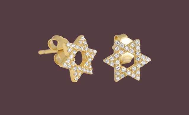 עגילי כסף סטרלינג בציפוי זהב צמודים עם מגן דוד ואבני זרקון
