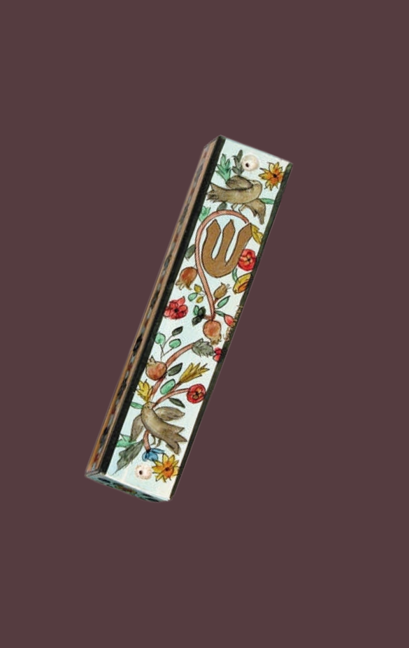 Large Wooden Mezuzah Hand Painted - BIRDS