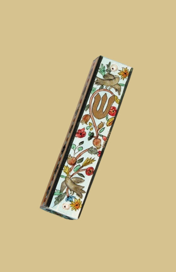 Large Wooden Mezuzah Hand Painted - BIRDS