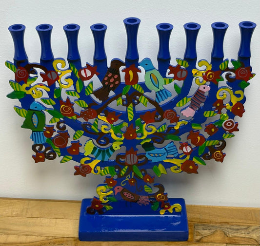 Laser Cut Hanukkah Menorah – Blue Artistic Metal Design