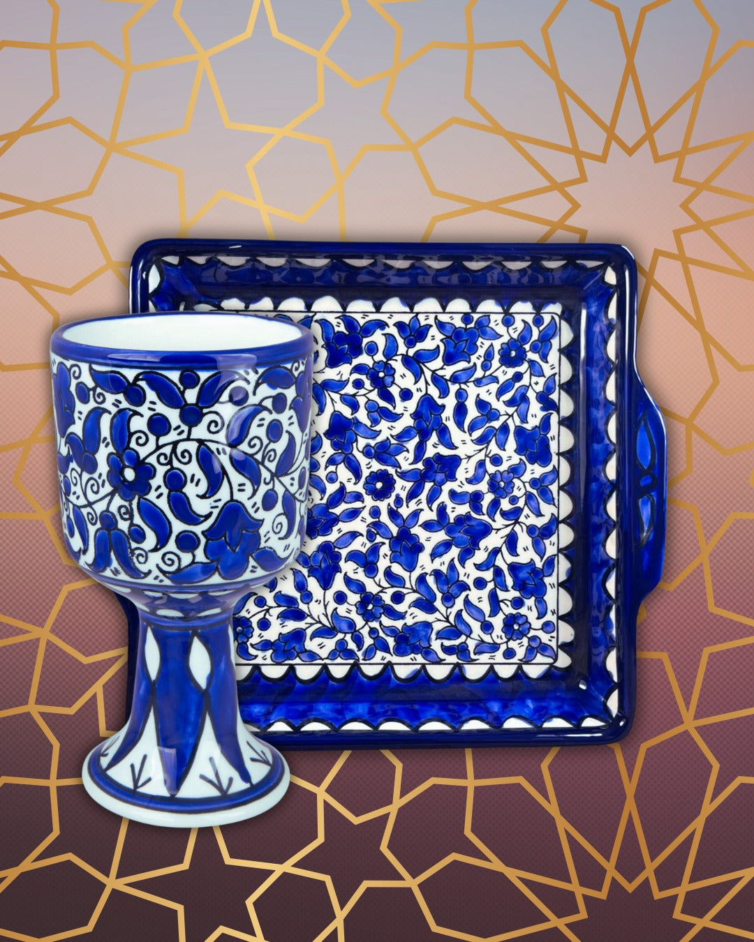 Armenian Ceramic SET kiddush + Maza Tray Old Cityv Blue